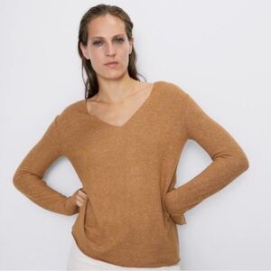 Zara Women's V-Neck Long Sleeve Sweater in Camel Brown